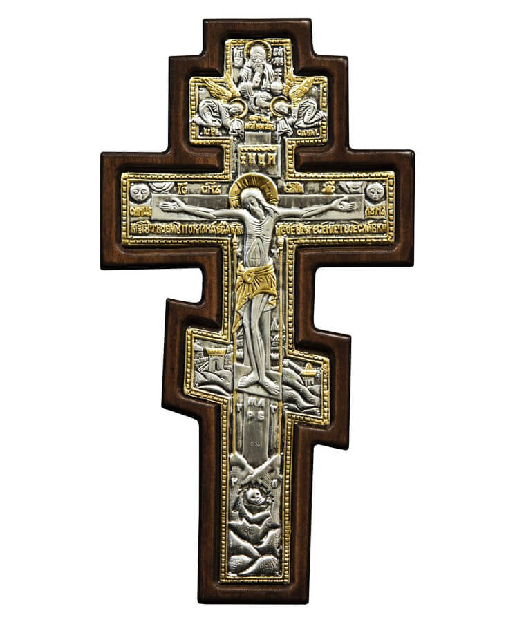 Wooden Holy Cross – Gold-Embossed Crucifix with Byzantine Icon Design - Image 3