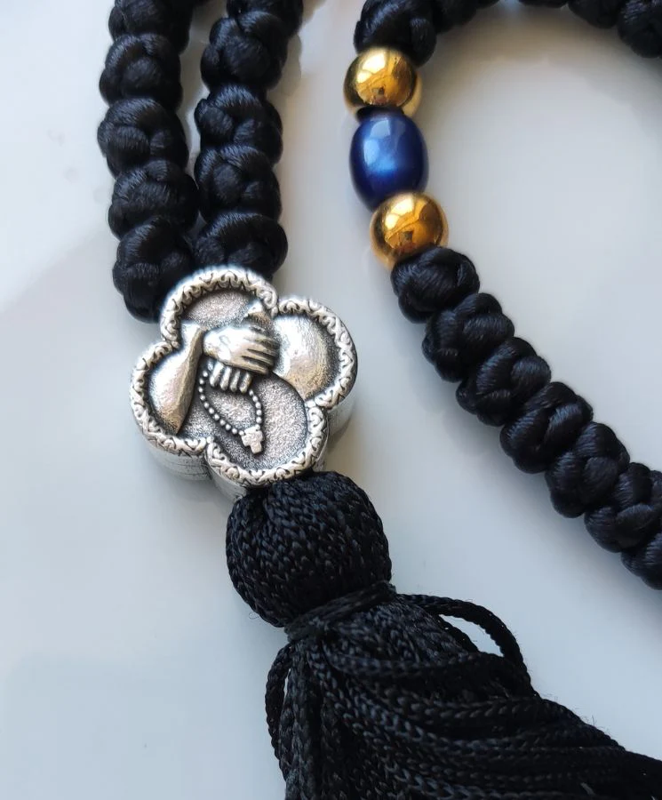 Mount Athos Waxed Prayer Rope with 100 Knots, Metal Cross & Tassel – Black - Image 3