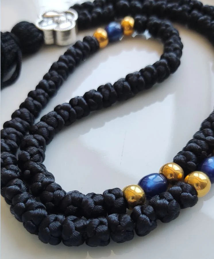 Mount Athos Waxed Prayer Rope with 100 Knots, Metal Cross & Tassel – Black - Image 4