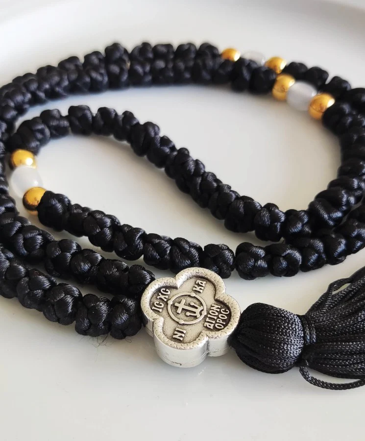 Mount Athos Waxed Prayer Rope with 100 Knots, Metal Cross & Tassel – Black - Image 6