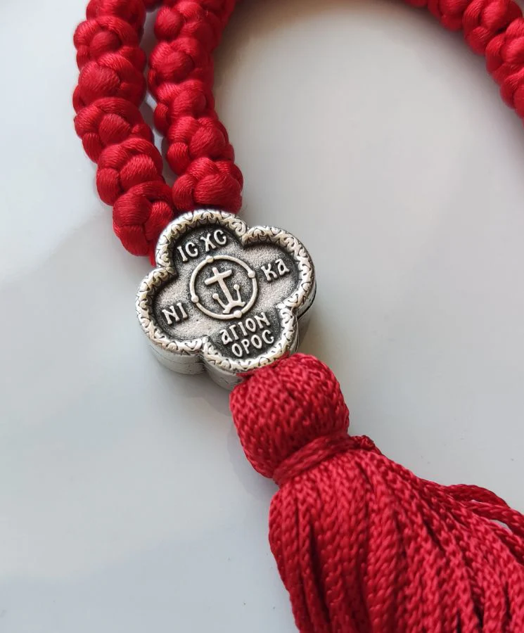 Mount Athos Waxed Prayer Rope with 50 Knots, Double-Sided Metal Cross & Tassel – Red - Image 3