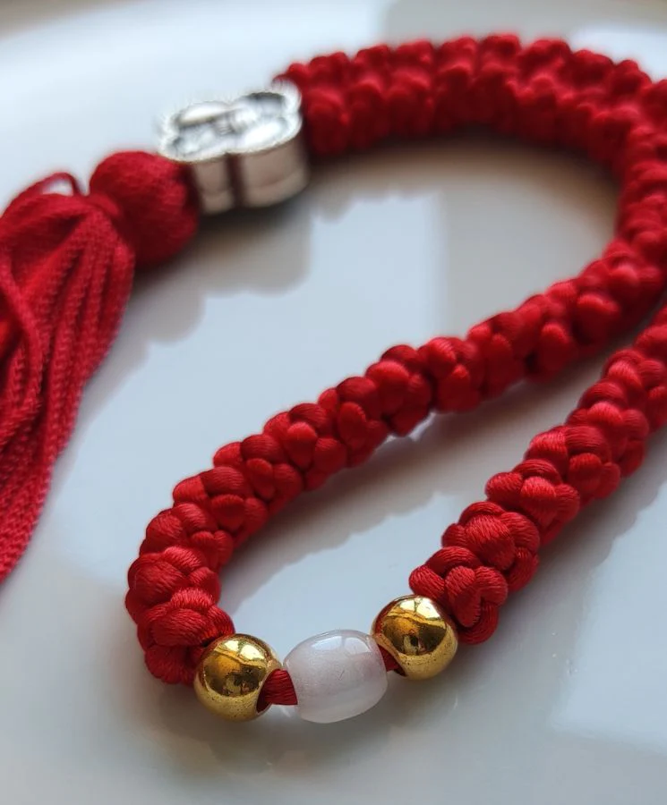 Mount Athos Waxed Prayer Rope with 50 Knots, Double-Sided Metal Cross & Tassel – Red - Image 4