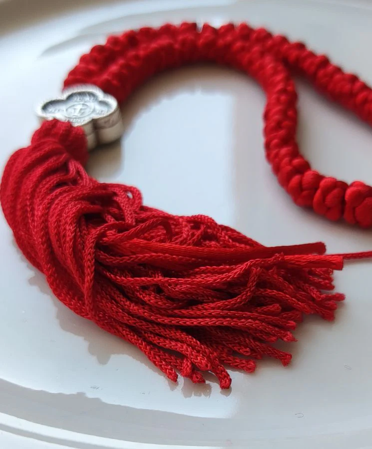Mount Athos Waxed Prayer Rope with 50 Knots, Double-Sided Metal Cross & Tassel – Red - Image 5