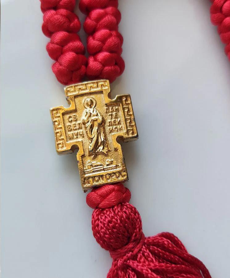 Mount Athos Waxed Prayer Rope with 50 Knots, Gold Embossed Cross & Tassel – Red - Image 3