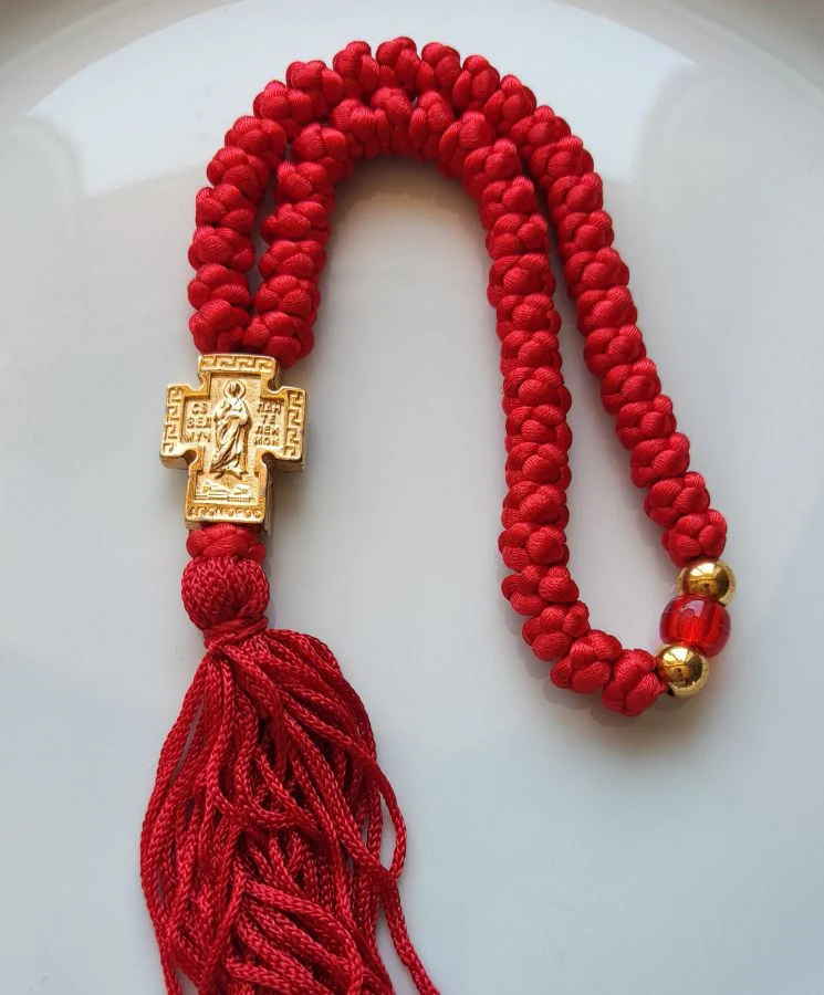 Mount Athos Waxed Prayer Rope with 50 Knots, Gold Embossed Cross & Tassel – Red - Image 4