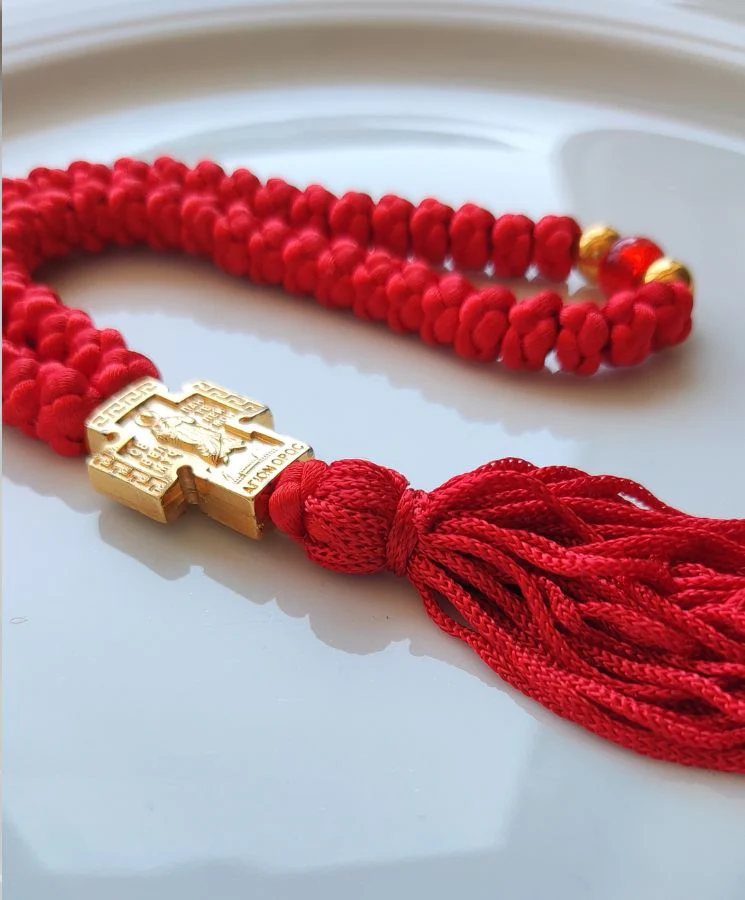 Mount Athos Waxed Prayer Rope with 50 Knots, Gold Embossed Cross & Tassel – Red - Image 5