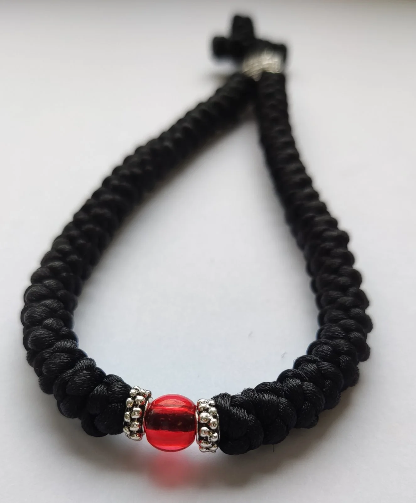 Mount Athos Waxed Prayer Rope with 50 Knots, Sterling Silver Cross & Red or Blue Bead - Image 3
