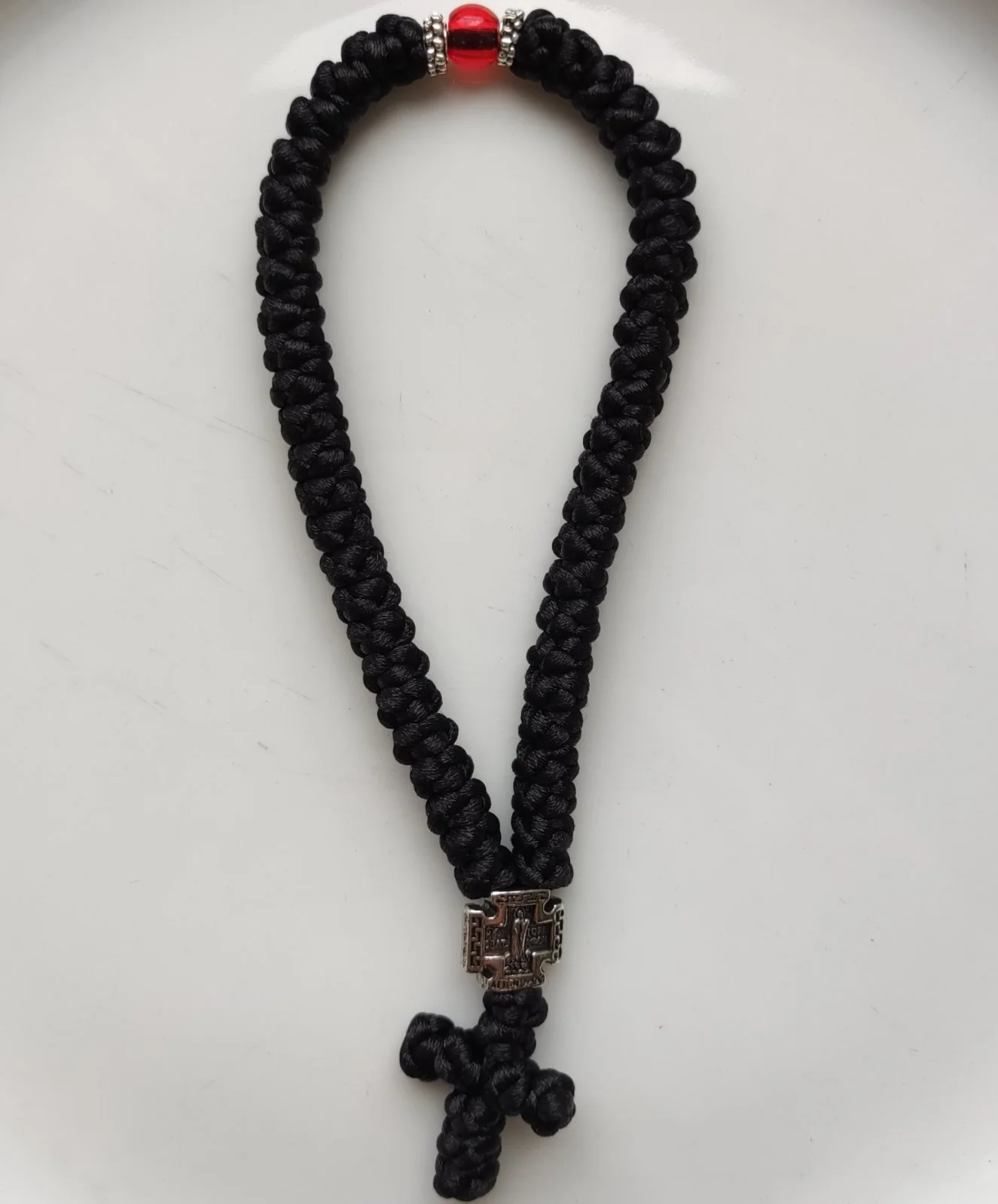 Mount Athos Waxed Prayer Rope with 50 Knots, Sterling Silver Cross & Red or Blue Bead - Image 4