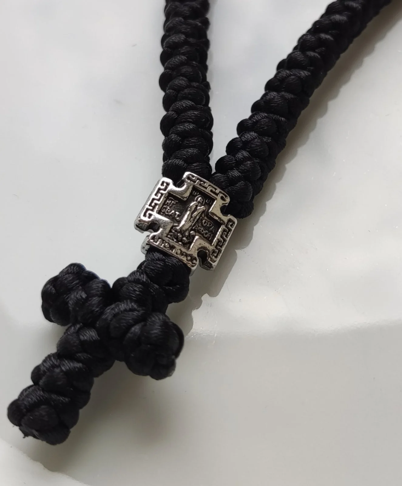 Mount Athos Waxed Prayer Rope with 50 Knots, Sterling Silver Cross & Red or Blue Bead - Image 5