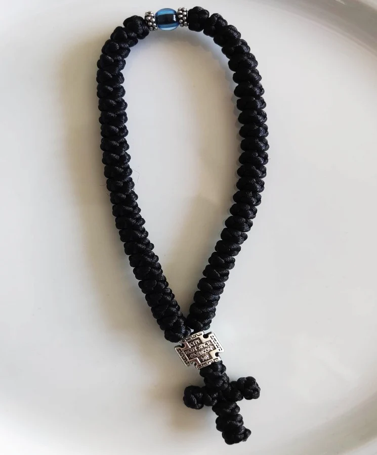 Mount Athos Waxed Prayer Rope with 50 Knots, Sterling Silver Cross & Red or Blue Bead - Image 6