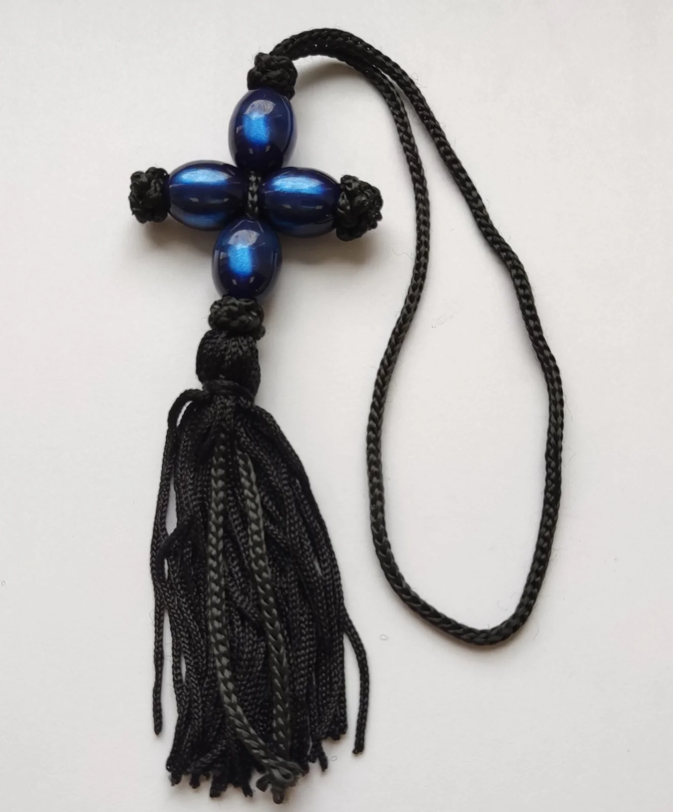 Mount Athos Waxed Prayer Rope with Cross, Blue Beads & Tassel - Image 3