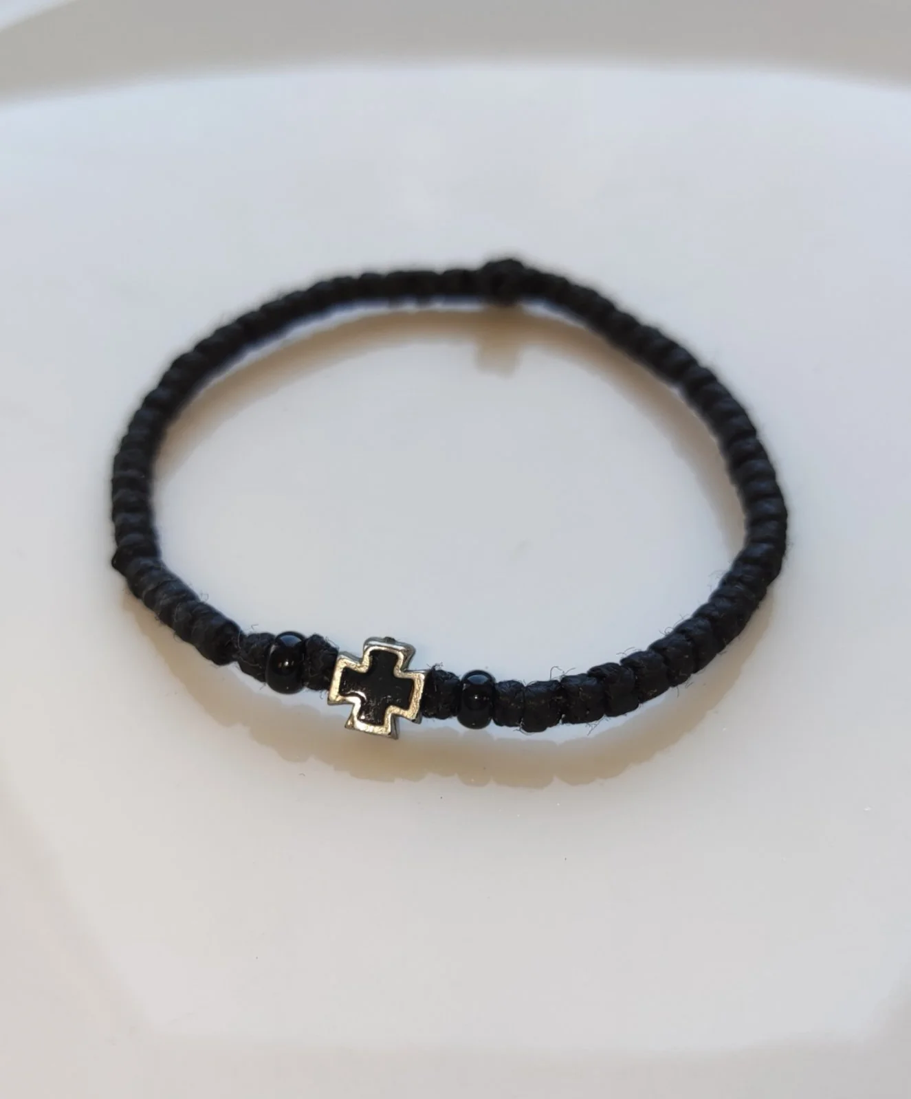 Mount Athos Waxed Prayer Rope Bracelet with Sterling Silver Cross & Beads – Multiple Colors (White, Black, Red, Blue) - Image 3