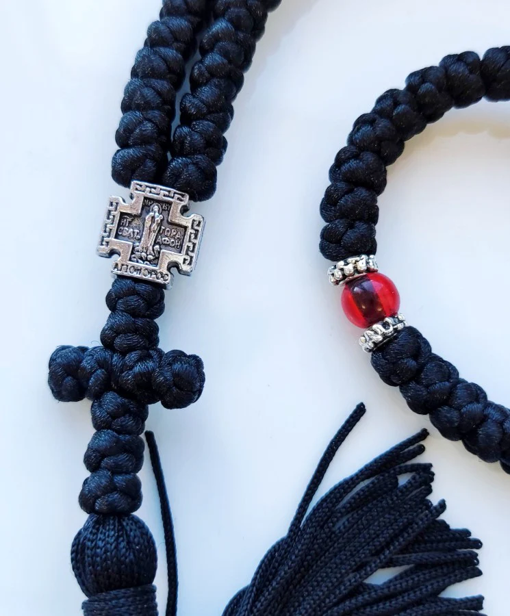 Mount Athos Waxed Prayer Rope with 100 Knots, Metal Cross & Tassel – Available in Black with Red, Blue, Brown Beads - Image 3