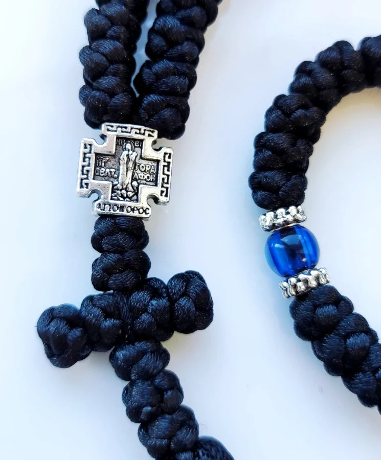 Mount Athos Waxed Prayer Rope with 100 Knots, Metal Cross & Tassel – Available in Black with Red, Blue, Brown Beads - Image 4