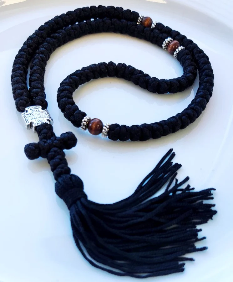Mount Athos Waxed Prayer Rope with 100 Knots, Metal Cross & Tassel – Available in Black with Red, Blue, Brown Beads - Image 5