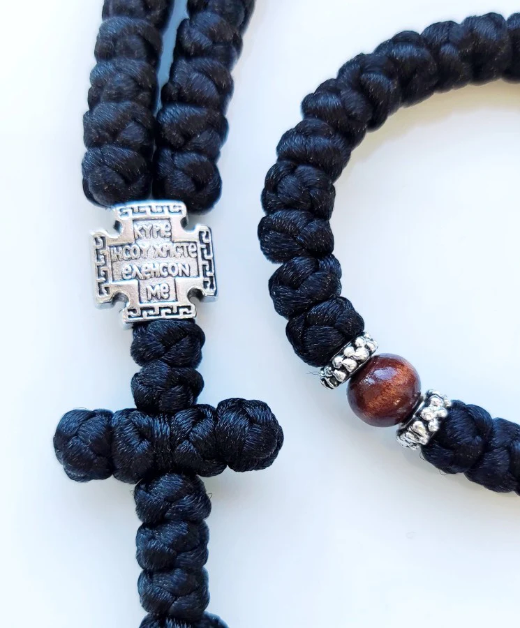 Mount Athos Waxed Prayer Rope with 100 Knots, Metal Cross & Tassel – Available in Black with Red, Blue, Brown Beads - Image 6