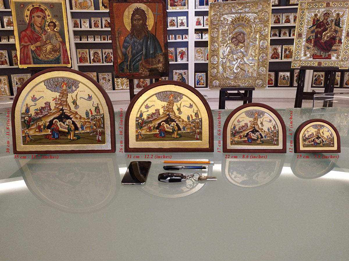 The Birth of Jesus Christ - Aged wooden icon in canvas with gold background - Mount Athos - Image 3