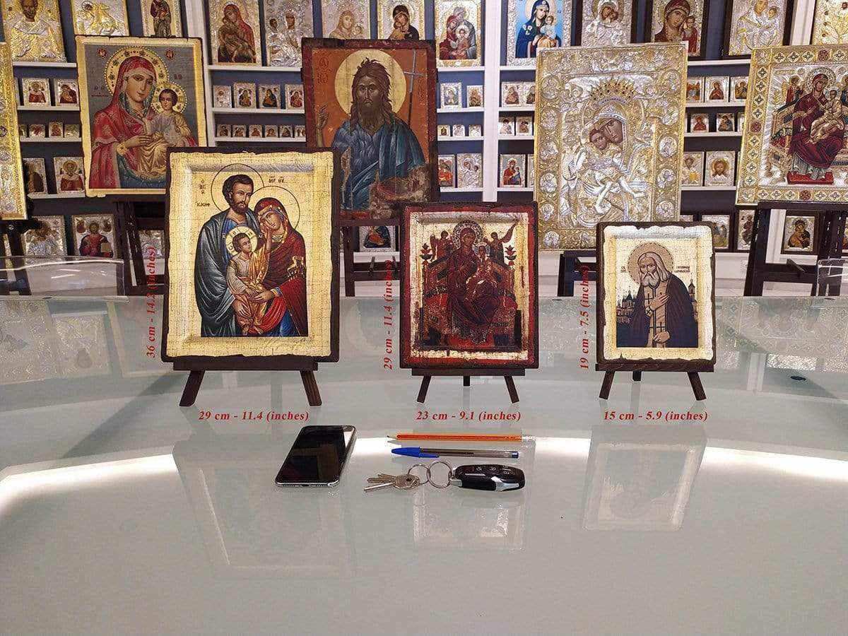 The Holy Family - Aged wooden icon in canvas with gold background on carved wood - Mount Athos - Image 3