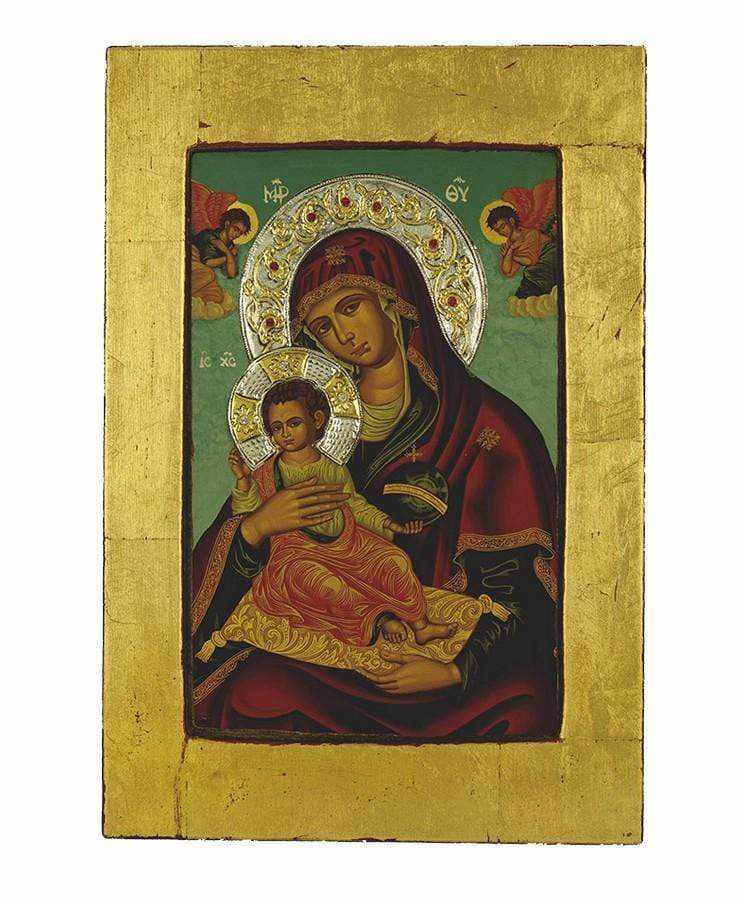 Virgin Mary Vrefokratousa - Child Holding - Aged wooden icon with silver halo locally gold plated - Mount Athos - Image 4