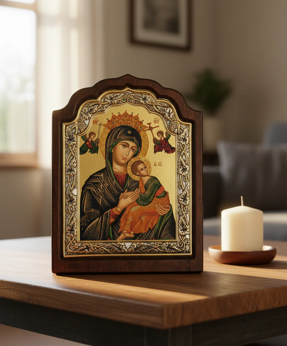 Virgin Mary Perpetual Help - Silver icon on wood, locally gold plated - Mount Athos - Image 3